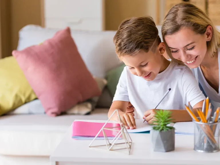 Blue Houses Mother Son Doing Homework
